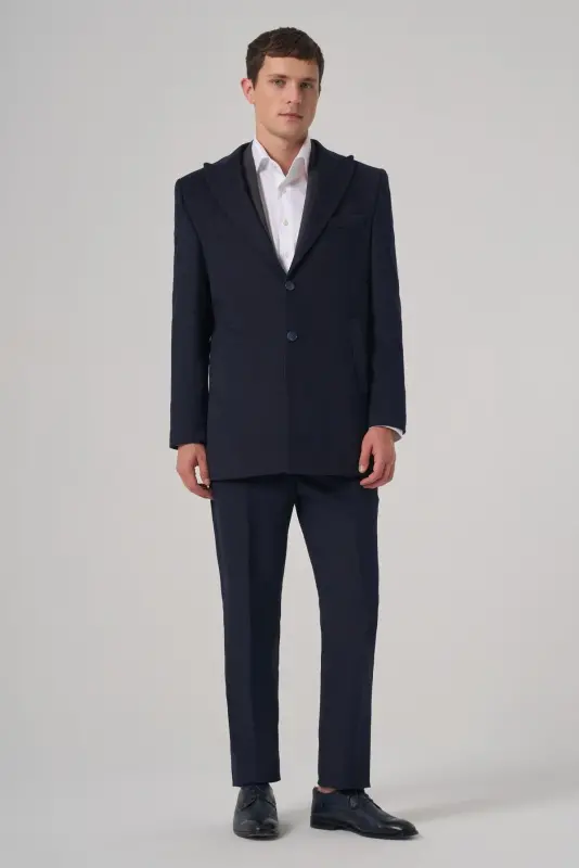 Morven Erkek Lacivert Yünlü Düz Dynamic Fit Sivri Yaka Kaban - 4