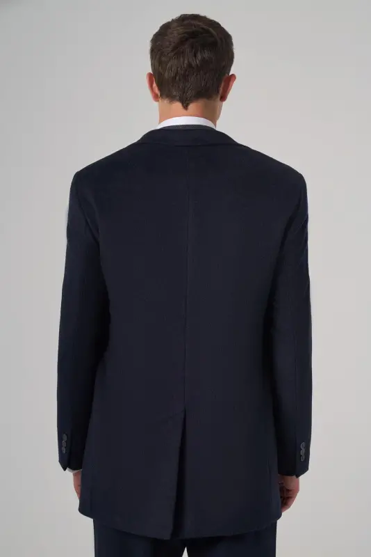 Morven Erkek Lacivert Yünlü Düz Dynamic Fit Sivri Yaka Kaban - 5