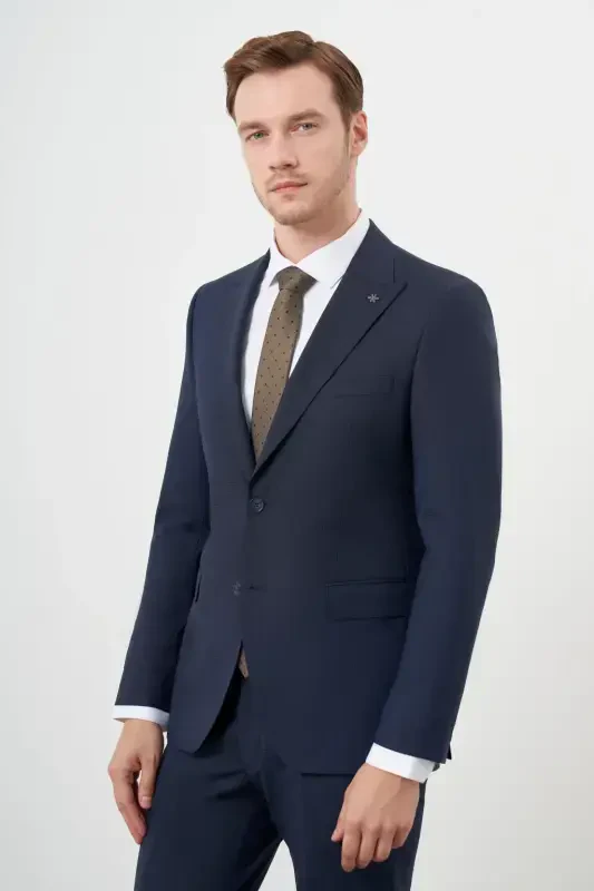 Morven Erkek Lacivert Yünlü Platinium 8-Drop Slim Fit Sivri Yaka Takım Elbise - 4