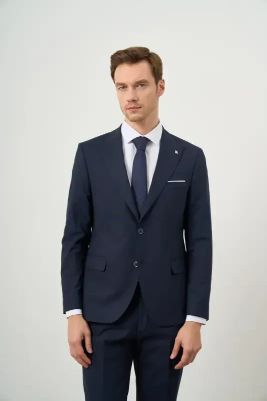 Morven Erkek Lacivert Yünlü Platinium Düz Desen Slim Fit Sivri Yaka Takım Elbise - 4
