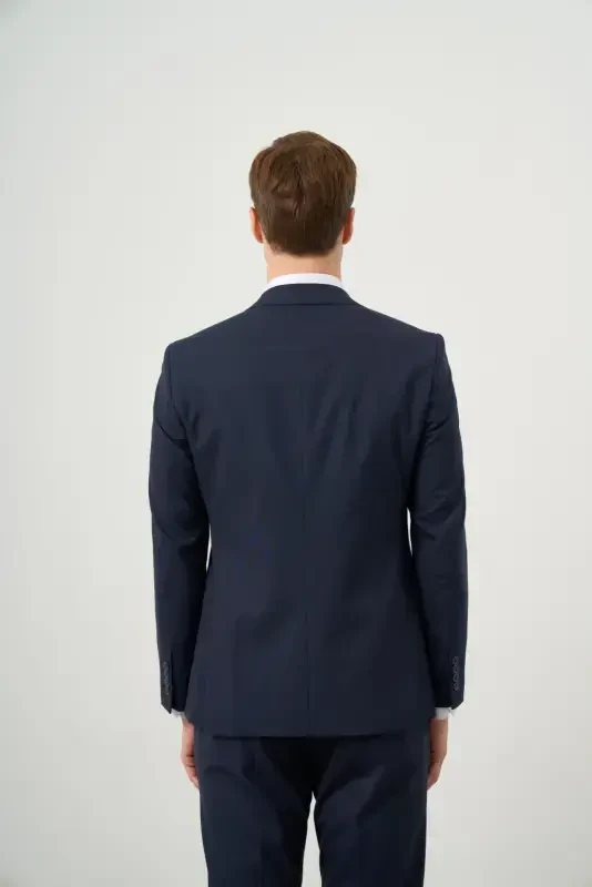 Morven Erkek Lacivert Yünlü Platinium Düz Desen Slim Fit Sivri Yaka Takım Elbise - 5
