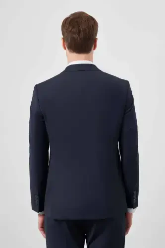 Morven Erkek Lacivert Yünlü Platinium Düz Desen Slim Fit Sivri Yaka Takım Elbise - 5