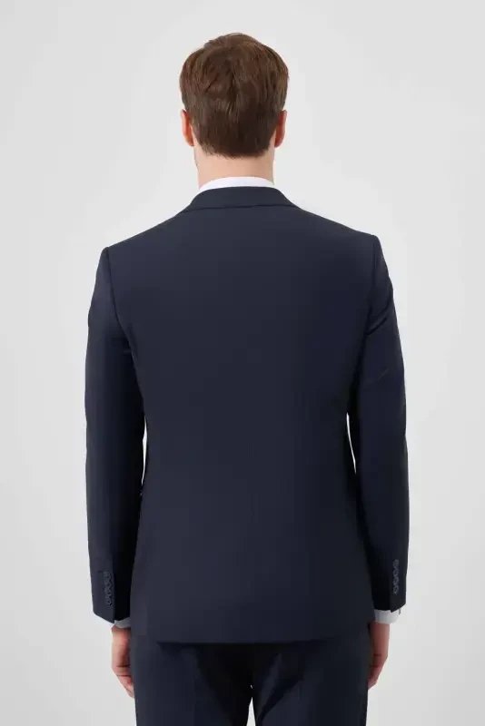 Morven Erkek Lacivert Yünlü Platinium Düz Desen Slim Fit Sivri Yaka Takım Elbise - 5