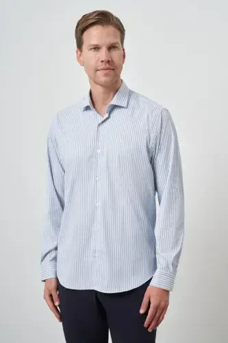 Morven Erkek Marine Çizgi Desen Trend Slim Fit Gömlek - 1