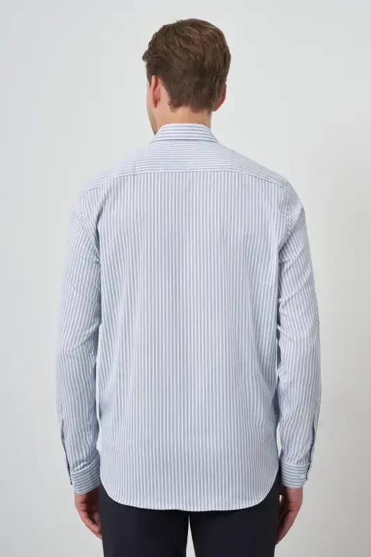 Morven Erkek Marine Çizgi Desen Trend Slim Fit Gömlek - 5