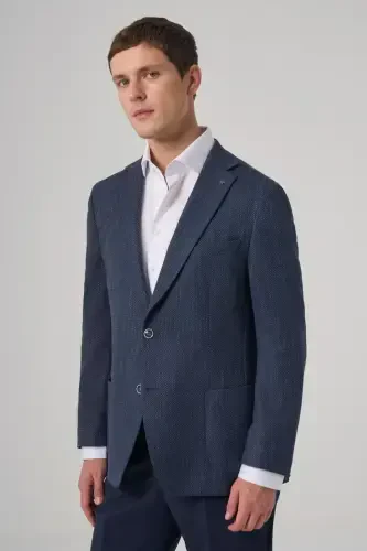 Morven Erkek Marine Poliviskon Trend Desenli Dynamic Fit Mono Yaka Ceket - MORVEN (1)