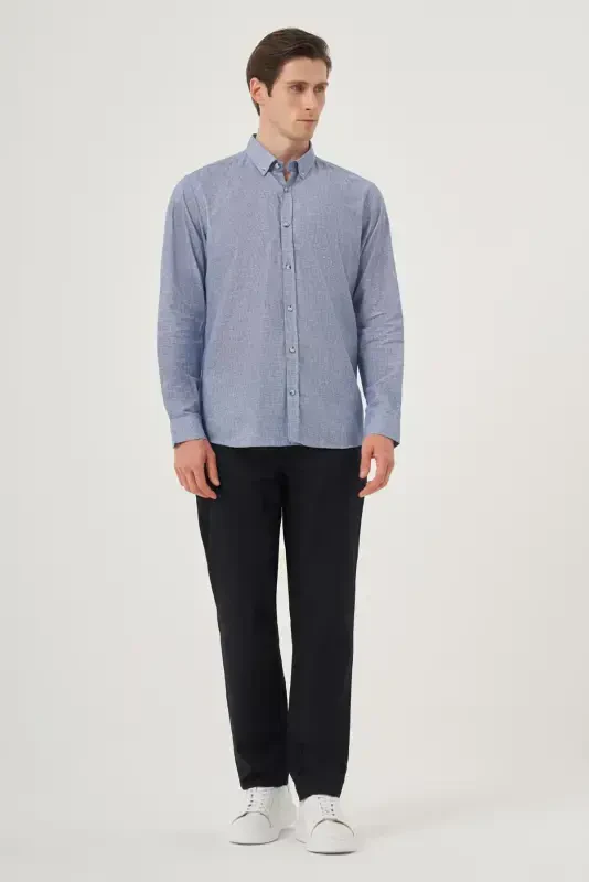 Morven Erkek Mavi Keten Trend Desenli Regular Fit Düğmeli Yaka Gömlek - 3