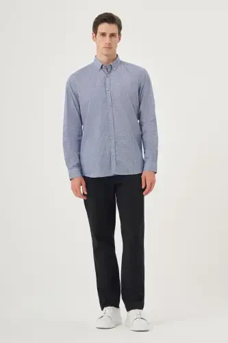 Morven Erkek Mavi Keten Trend Desenli Regular Fit Düğmeli Yaka Gömlek - 4