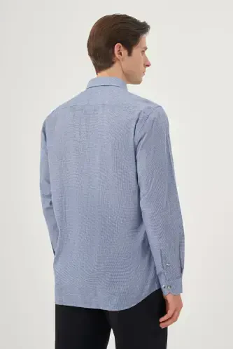 Morven Erkek Mavi Keten Trend Desenli Regular Fit Düğmeli Yaka Gömlek - 5