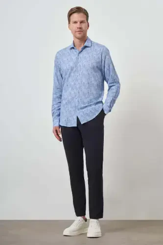 Morven Erkek Mavi Keten Trend Dynamic Fit Düğmeli Yaka Gömlek - 2