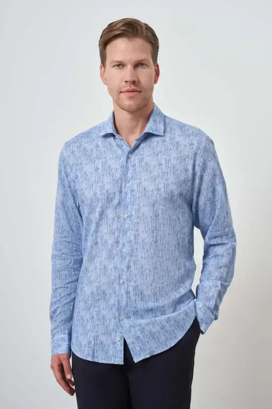 Morven Erkek Mavi Keten Trend Dynamic Fit Düğmeli Yaka Gömlek - 4