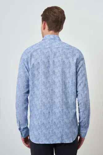 Morven Erkek Mavi Keten Trend Dynamic Fit Düğmeli Yaka Gömlek - 5