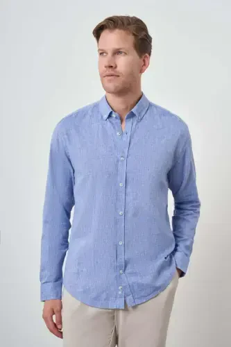 Morven Erkek Mavi Keten Trend Dynamic Fit Düğmeli Yaka Gömlek - 4