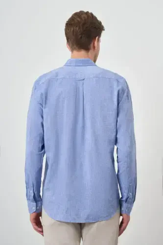 Morven Erkek Mavi Keten Trend Dynamic Fit Düğmeli Yaka Gömlek - 5