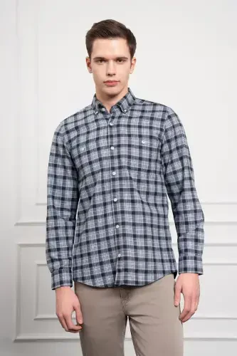 Morven Erkek Mavi Kışlık Düğmeli Yaka Regular Fit Gömlek - 3