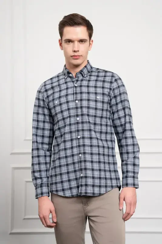 Morven Erkek Mavi Kışlık Düğmeli Yaka Regular Fit Gömlek - 3