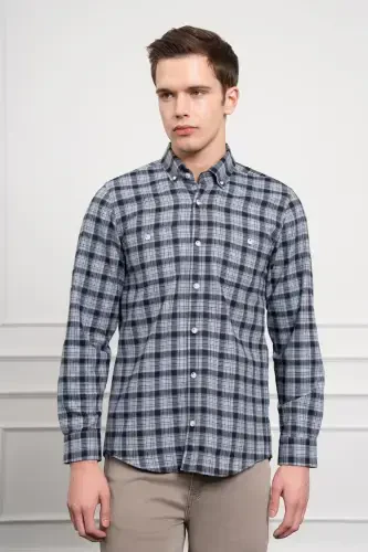 Morven Erkek Mavi Kışlık Düğmeli Yaka Regular Fit Gömlek - 4