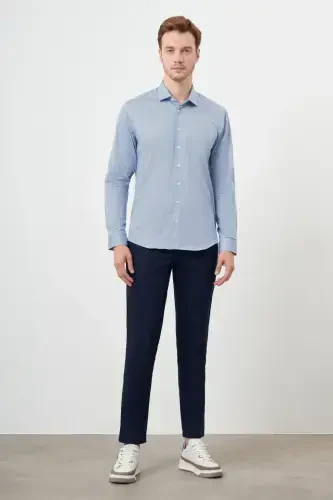 Morven Erkek Mavi Pamuk Baskılı Desenli İtalyan Yaka Slim Fit Gömlek - 4