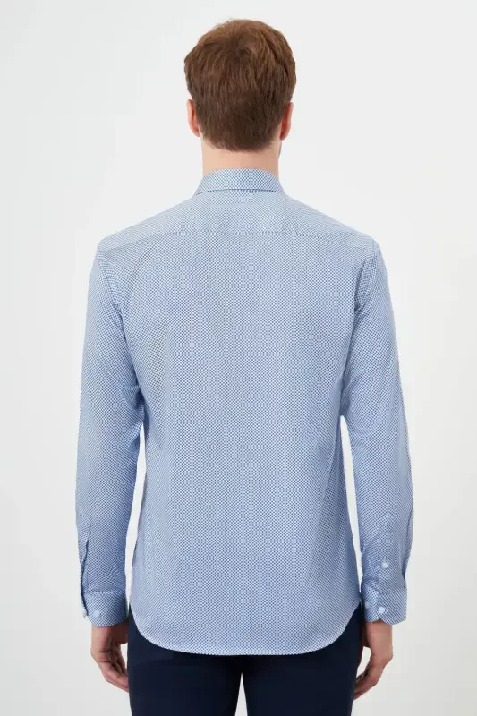 Morven Erkek Mavi Pamuk Baskılı Desenli İtalyan Yaka Slim Fit Gömlek - 5