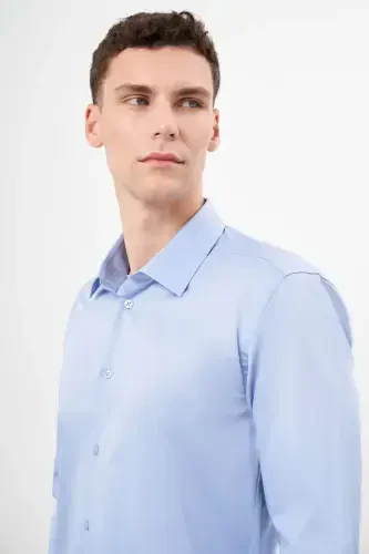 Morven Erkek Mavi Pamuk Düz Desen Sert Yaka Slim Fit Gömlek - 3