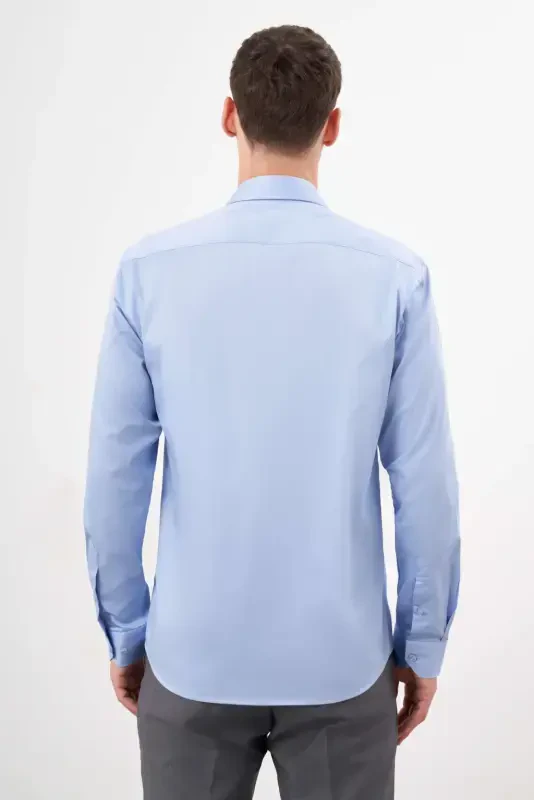 Morven Erkek Mavi Pamuk Düz Desen Sert Yaka Slim Fit Gömlek - 5