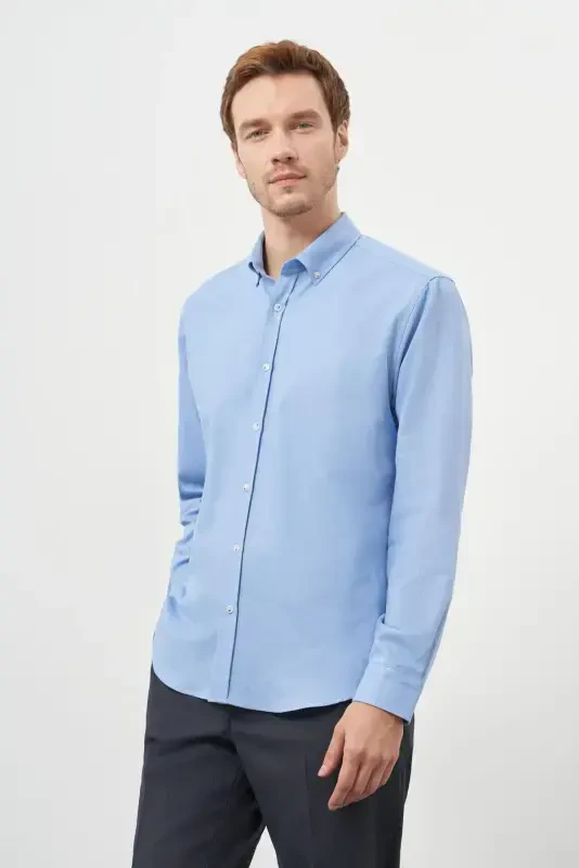 Morven Erkek Mavi Pamuk Trend Dynamic Fit Düğmeli Yaka Gömlek - 1
