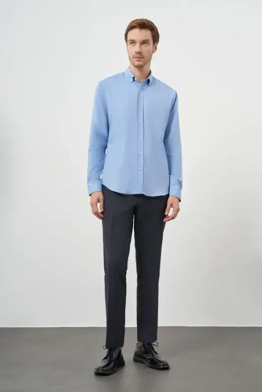 Morven Erkek Mavi Pamuk Trend Dynamic Fit Düğmeli Yaka Gömlek - 4