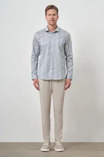 Morven Erkek Mavi Pamuk Trend Slim Fit İtalyan Yaka Gömlek - 2