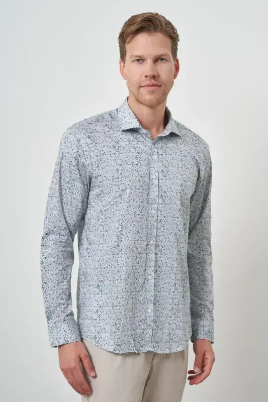 Morven Erkek Mavi Pamuk Trend Slim Fit İtalyan Yaka Gömlek - 3