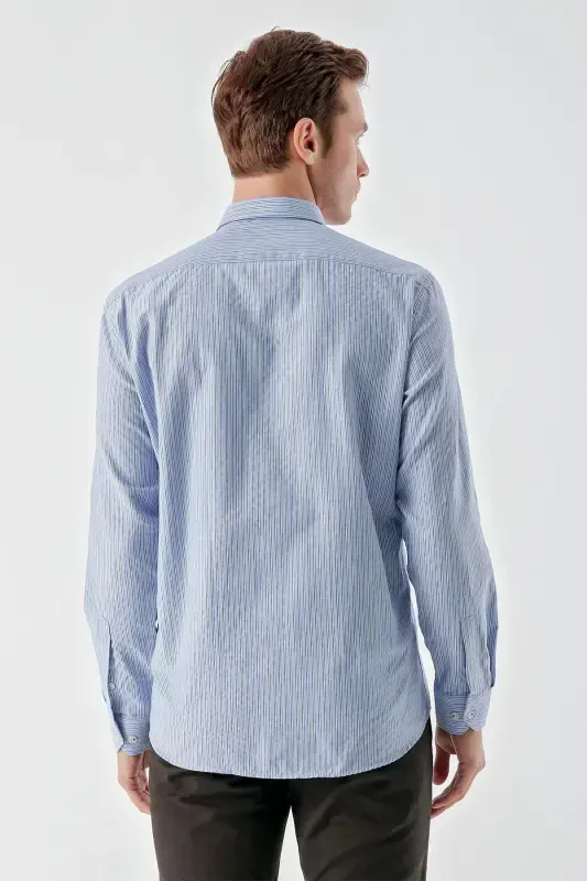 Morven Erkek Mavi Trend Çizgili Desen Düğmeli Yaka Regular Fit Gömlek - 5