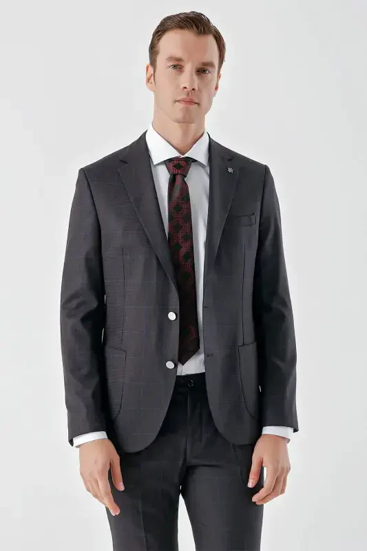 Morven Erkek Mürdüm Poliviskon Trend Ekoseli Slim Fit Mono Yaka Takım Elbise - 3