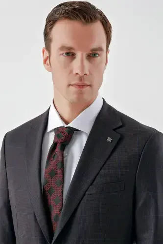 Morven Erkek Mürdüm Poliviskon Trend Ekoseli Slim Fit Mono Yaka Takım Elbise - 7