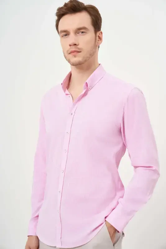 Morven Erkek Pembe Keten Düz Desen Düğmeli Yaka Slim Fit Gömlek - 2