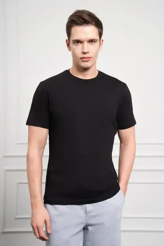 Morven Erkek Siyah Basic Bisiklet Yaka Dynamic Fit Pamuk T-Shirt - 1