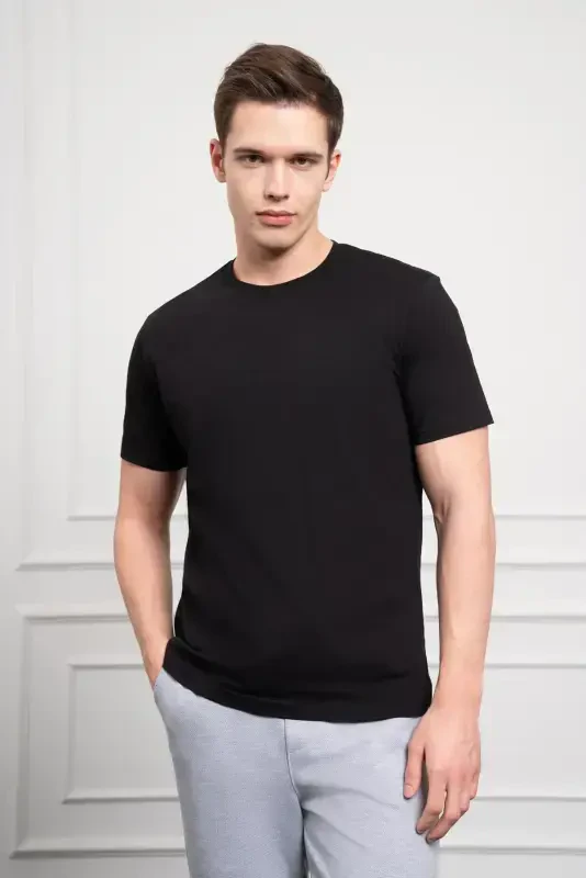 Morven Erkek Siyah Basic Bisiklet Yaka Dynamic Fit Pamuk T-Shirt - 3