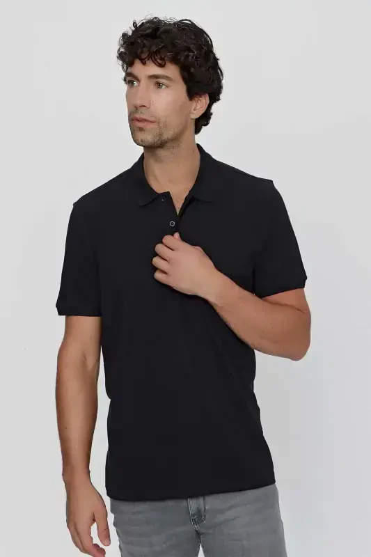 Modazone Erkek Siyah Basic Düz %100 Pamuk Battal Geniş Kesim Kısa Kollu Polo Yaka Tişört - 3