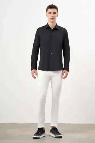 Morven Erkek Siyah Basic Düz Desen İtalyan Yaka Slim Fit Gömlek - 5