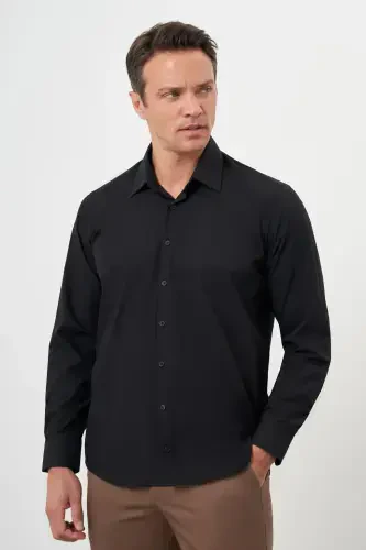 Morven Erkek Siyah Basic Düz Desen Sert Yaka Regular Fit Gömlek - MORVEN (1)