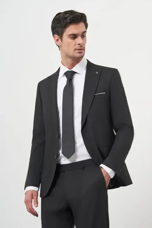 Modazone Erkek Siyah Basic Jakar Desen Slim Fit Sivri Yaka Takım Elbise - 2