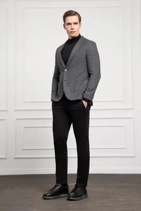 Morven Erkek Siyah Dokuma Slim Fit Dar Kesim Mono Yaka Ceket - 2