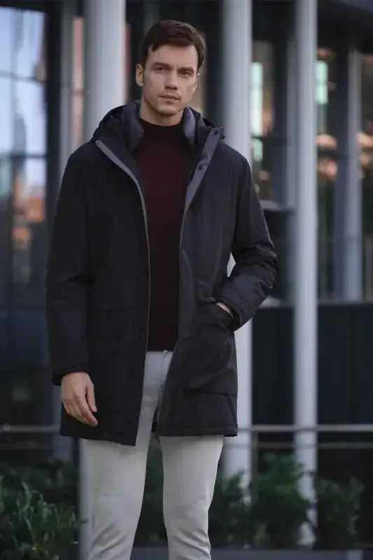 Morven Erkek Siyah Flora Çıtçıtlı Kapüşonlu Dynamic Fit Rahat Kesim Mont - 1