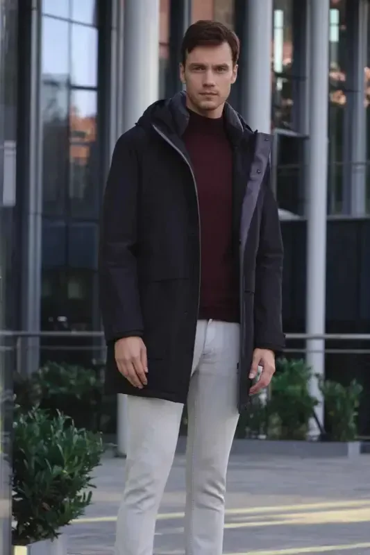 Morven Erkek Siyah Flora Çıtçıtlı Kapüşonlu Dynamic Fit Rahat Kesim Mont - 2