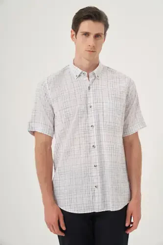 Morven Erkek Siyah Keten Trend Regular Fit Düğmeli Yaka Kısa Kol Gömlek - MORVEN (1)