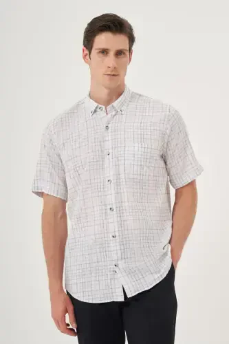 Morven Erkek Siyah Keten Trend Regular Fit Düğmeli Yaka Kısa Kol Gömlek - MORVEN (1)