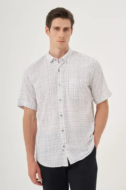 Morven Erkek Siyah Keten Trend Regular Fit Düğmeli Yaka Kısa Kol Gömlek - 2