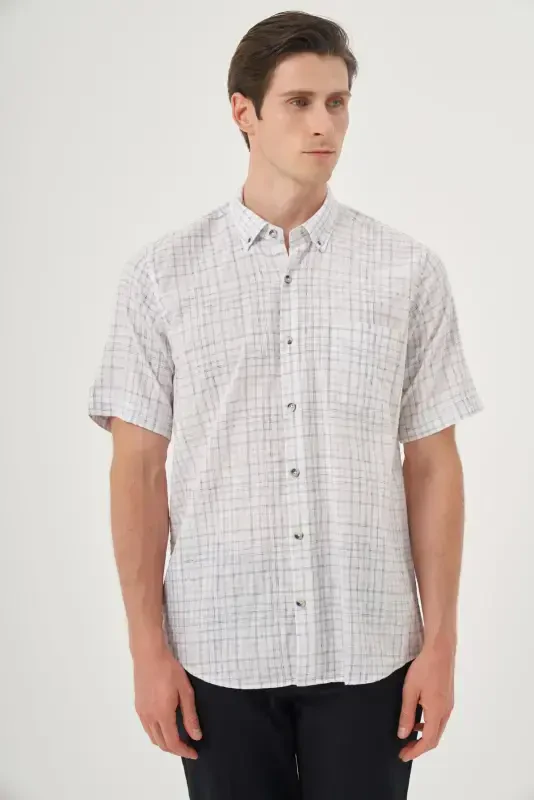 Morven Erkek Siyah Keten Trend Regular Fit Düğmeli Yaka Kısa Kol Gömlek - 3