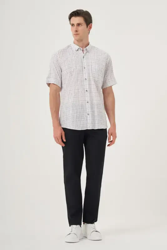 Morven Erkek Siyah Keten Trend Regular Fit Düğmeli Yaka Kısa Kol Gömlek - 4