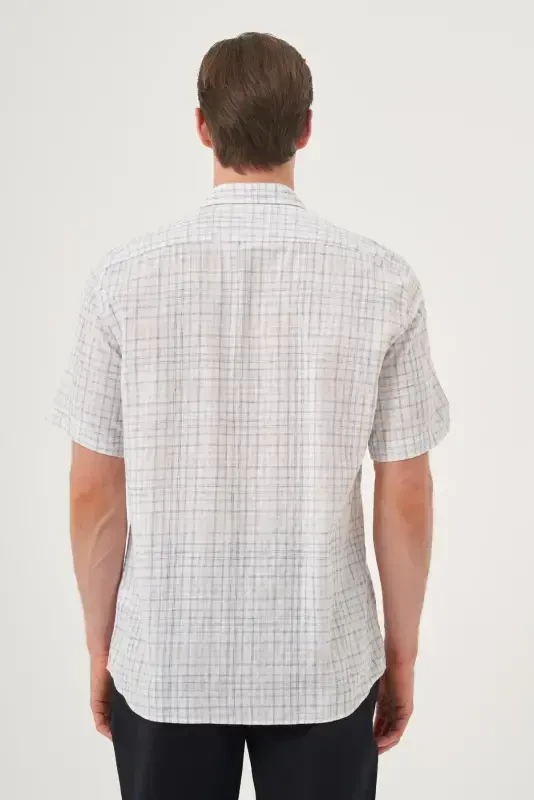 Morven Erkek Siyah Keten Trend Regular Fit Düğmeli Yaka Kısa Kol Gömlek - 5