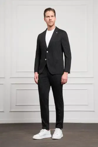 Morven Erkek Siyah Örme Slim Fit Mono Yaka Takım Elbise Dar Kesim - MORVEN (1)