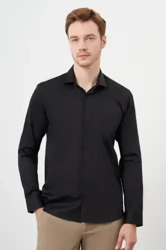 Morven Erkek Siyah Pamuk Düz Desen İtalyan Yaka Slim Fit Gömlek - MORVEN (1)